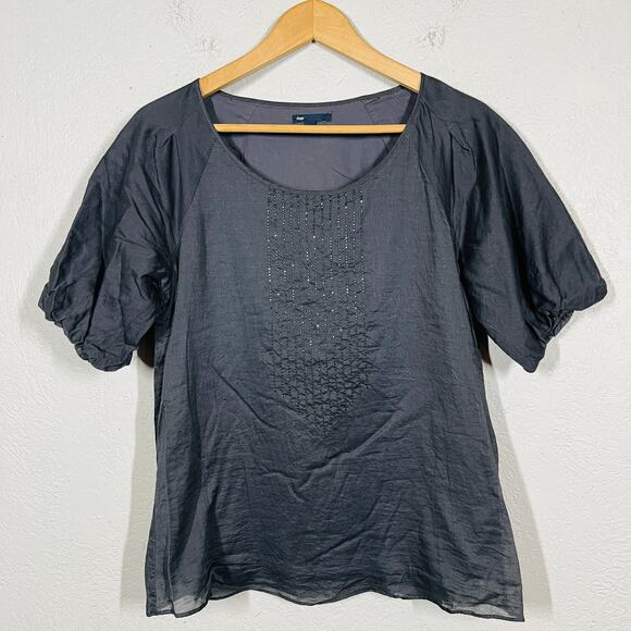 Gap Scoop Neck Tunic Beaded Front Poof Sleeve Casual Top Blouse Charcoal - S - Picture 5 of 5